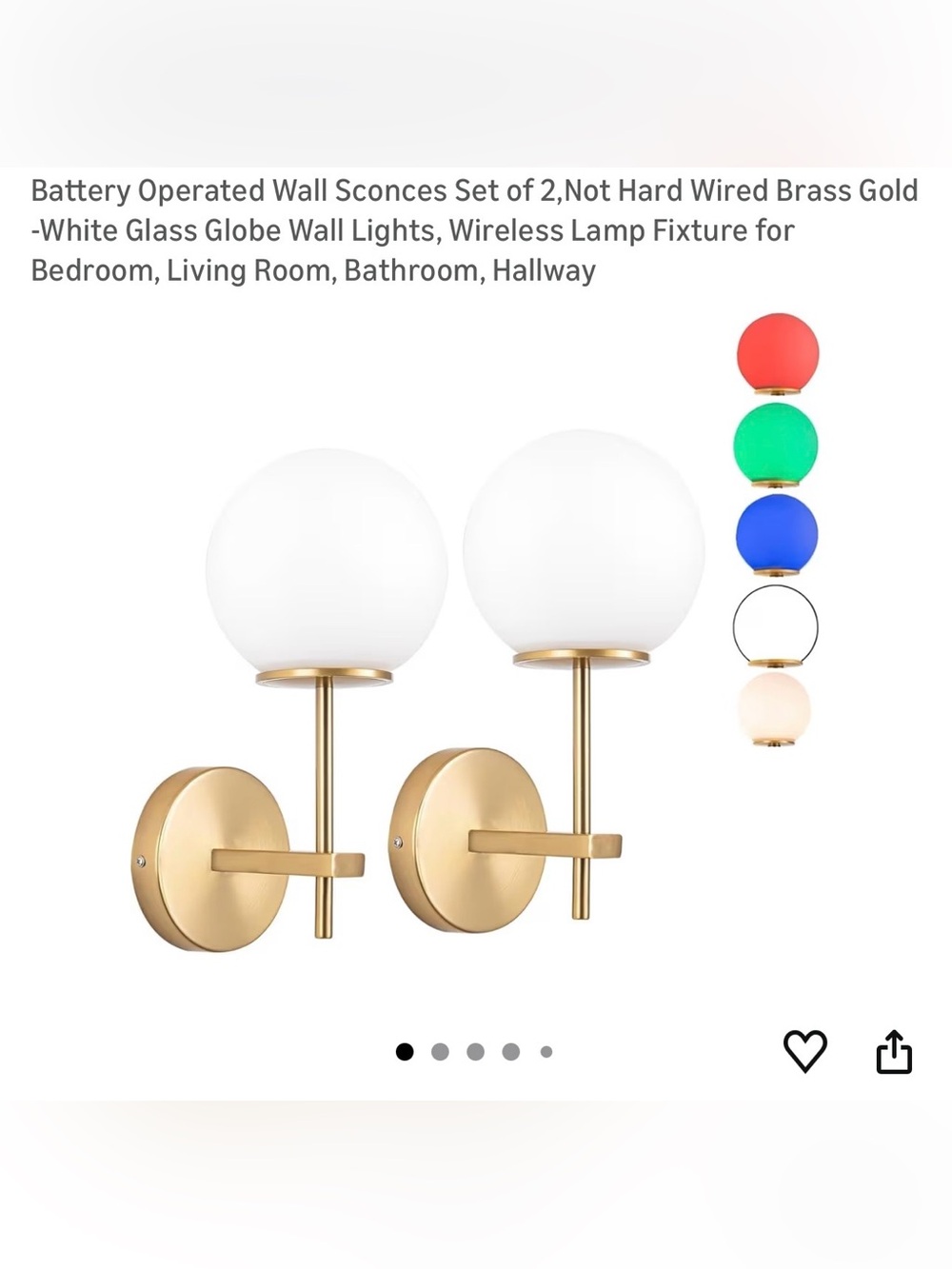 Modern Brass Wall Sconces with White Glass Globes battery operated - Set of 2